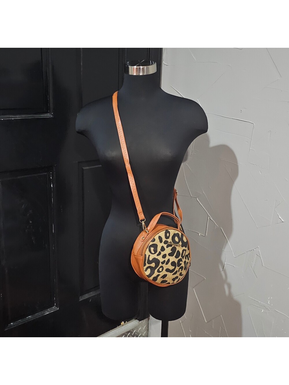 Round Leopard Print Lightweight Small Bag Brown Trim